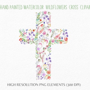 Clipart de cruz floral de acuarela - Cruz de flores silvestres pintadas a mano - Vector png - Cruz de bautismo - Cruz colorida - Cruz de sublimación - Uso comercial