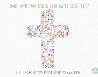 Watercolor Floral Cross Clipart- Hand painted wildflowers Cross -Vector png-Baptism cross -Colorful cross -Sublimation Cross- Commercial Use