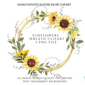 Op de afbeelding: Waterverf clipart van een zonnebloemenkrans met een gouden cirkelvormig frame. De krans is gemaakt van zonnebloemen, bladeren en kleine witte bloemen. De afbeelding is op een transparante achtergrond.