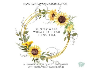 Watercololor Sunflower Wreath Clipart Sunflowers Clipart  Floral Frame Summer  sublimation PNG file boho Design DIY Wedding Commercial Use