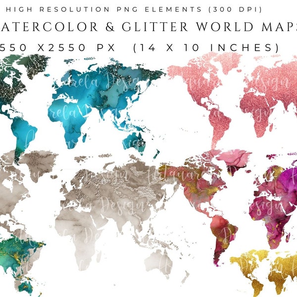 15  World maps clipart Watercolor and glitter maps png Mapamundi clipart Silhouette Continents Sublimation Instant download Commercial Use