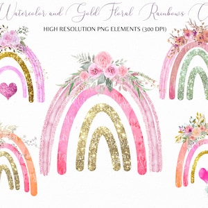 5 Watercolor and Gold Rainbows Clipart,Pink Peach Floral Rainbows Boho design,Rainbows png Sublimation T-SHIRT Vector PNG  Commercial Use