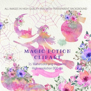 Watercolor Halloween Clipart Set, Witch, Pumpkins, Cat (PNG)