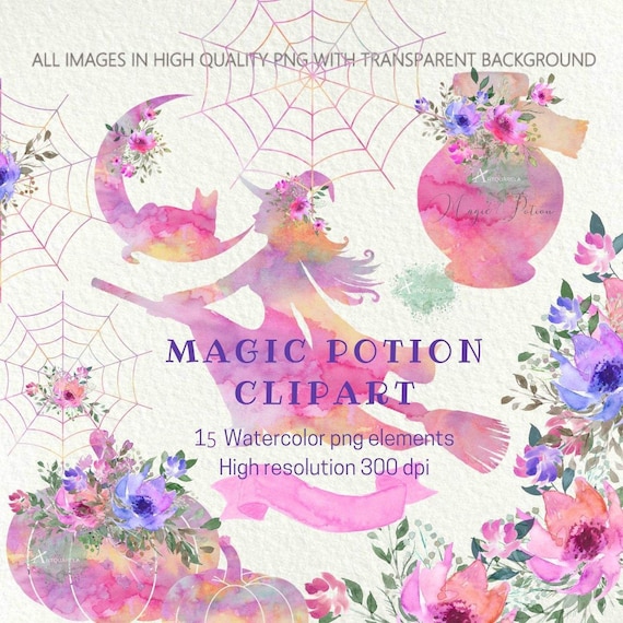 Watercolor Halloween Clipart Set, Witch, Pumpkins, Cat (PNG)