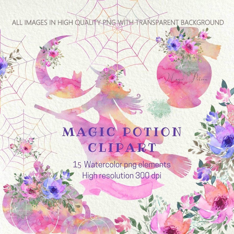 May include: Watercolor clipart set featuring a witch flying on a broomstick, a potion bottle, pumpkins, and flowers in shades of pink, purple, and blue. The text "MAGIC POTION CLIPART" is included in the image. 15 watercolor png elements. High resolution 300 dpi.