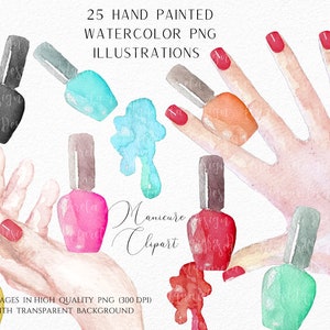 Watercolor Manicure Clip Art Nail Varnish PNG-Nail Polish -Beauty Hands- Nails- Salon Graphics in Png format - Subimation- Commercial Use