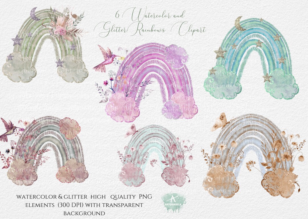 Watercolor Glitter Rainbow Clipart: Boho Nursery PNG (digital Download ...
