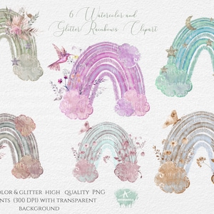 6 Glitter Rainbows Clipart,Watercolor Rainbows boho Butterfly flowers hummingbird Sublimation T-SHIRT, Nursery Vector PNG  Commercial Use