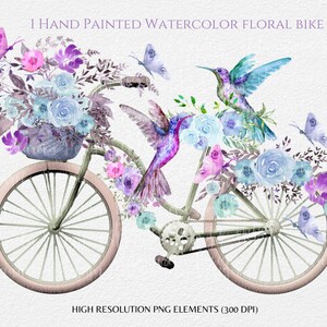 Aquarell blau rosa Fahrrad PNG mit Korb und Kolibris Vintage Fahrrad Sublimation Design, Sofort Download