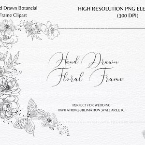 Handgetekende bloemen frame clipart-bruiloft lijntekeningen rechthoekig minimalistisch frame-zwart witte rand PNG-pioenrozen-vlinder-commercieel gebruik
