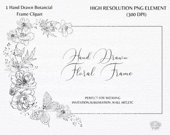 Può includere: Clipart di cornice floreale disegnata a mano in bianco e nero con una farfalla. La cornice è perfetta per inviti di nozze, progetti di sublimazione, arte da parete, ecc.