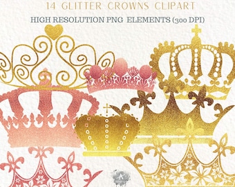 Gold Glitter Crown Clip Art, Jewel Tiara PNG (Commercial Use)