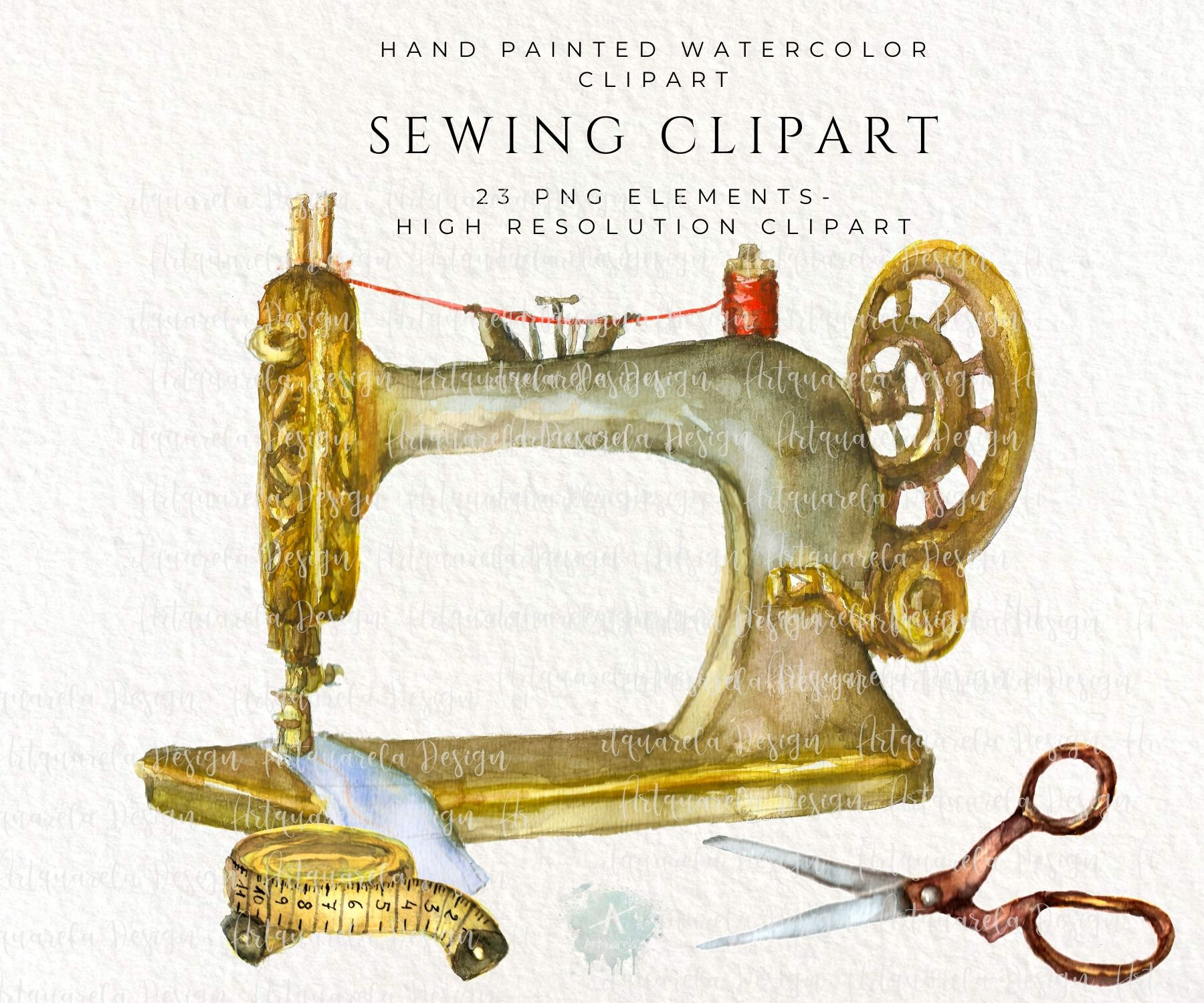Watercolor Vintage Sewing Kit Clip Art. Branding Kit, Sewing Machine,  Needle, Stitching, Scissors, Dummy Model DIY Clipart. 