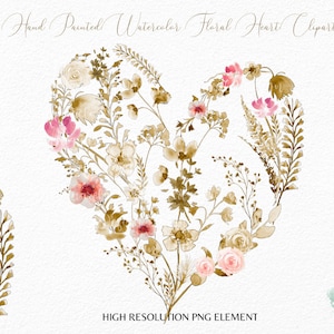 Clipart de coração floral aquarela PNG-Flores silvestres neutras Coração de amor-Dia dos namorados - Coração Boho botânico Sublimação de vetor Uso comercial
