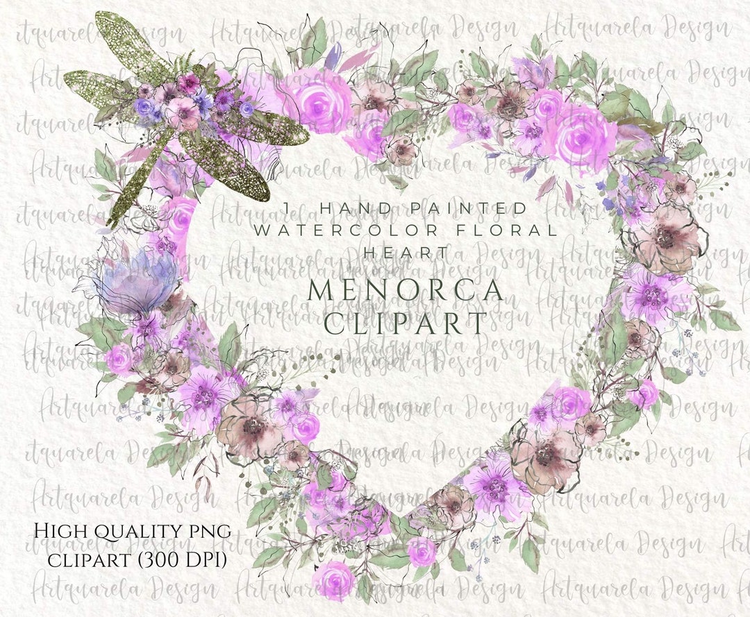 Watercolor Floral Heart Wreath Clipart: Purple Peonies, Dragonfly (PNG ...