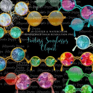 Sunglasses clip art set, Watercolor & Glitter  decorated sunglass ,galaxy sunglasses, fashion sunglass ,beach ,sun, night sky,Commercial Use