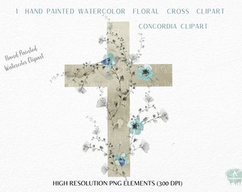 Cross Clipart PNG-Neutral  floral cross with light blue flowers -Catholic Cross-First Communion -Church Cross -Baptism - Commercial Use