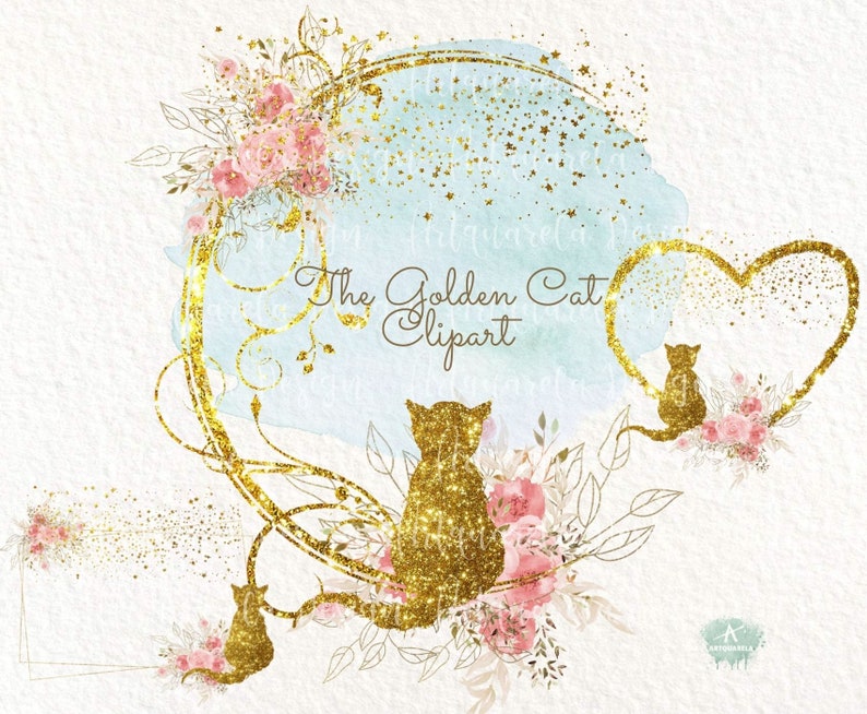 Cats Clipart Set Watercolor & Gold Foil Cat Frames Heart PNG - Etsy