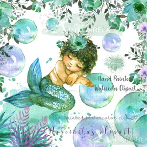 Sirene dipinte a mano Acquerello clipart mare, ragazze, magia, fiaba, fiori, oceano, bolle, babyshower, Clipart per bambini per uso commerciale