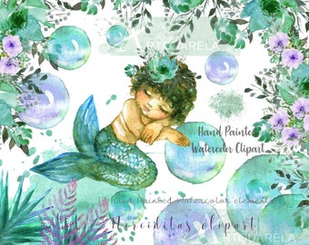 Watercolor Mermaid Clipart, Ocean Nursery Art (Digital Download)
