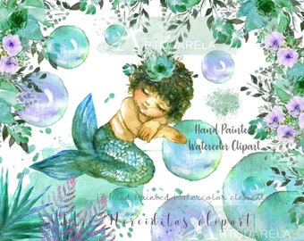 Mermaids hand painted Watercolor clipart sea, girls,magic,fairytale, flowers,ocean,bubbles, babyshower,Nursery Clipart For Commerical use