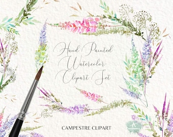 Watercolor Wildflower Clipart: Botanical Frames & Wreaths (PNG, Digital Download)