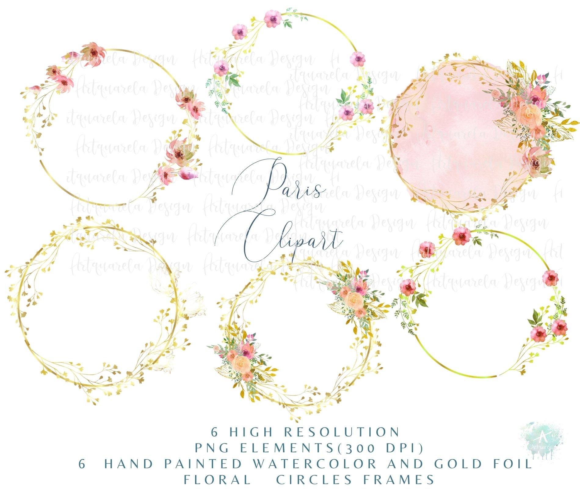 6 Watercolor & Gold Foil Finished Floral Wreaths Clipart Etsy UK