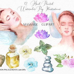 Spa Facial Massage Clipart, Hand Painted Watercolor Massage Clipart, Self Care,Massage oil, Flowers png, Instant Download for Commercial Use