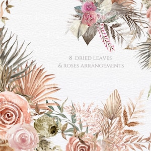 Arrangements de fleurs roses et feuilles séchées Clipart aquarelle bouquet bohème mariage, palmier séché, verdure, sublimation design tendance