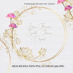 1 Fiori di loto Cornice dorata Clipart- Acquerello Fiori di loto Corona rotonda png - PNG-Linea d'oro Sfondo trasparente Uso commerciale