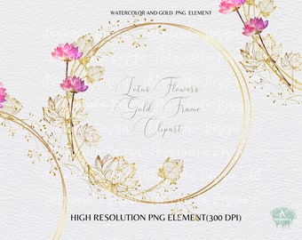 Clipart con cornice dorata di fiori di loto ad acquerello (PNG)