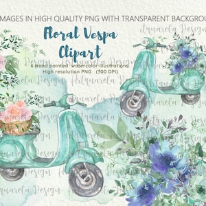 Retro Vespa clipart,Vintage motorcycle  png,Watercolor turquoise scotter png, Motorbike clipart,Blue flowers bouquets, Hand painted clipart