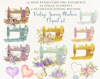 Vintage Sewing Machine clipart PNG clipart set,Watercolor flowers,Sublimation graphics high resolution,Instant download, Commercial Use