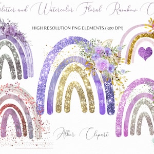 5 Glitter and watercolor Rainbows Clipart,Purple Floral RainbowsBoho design,Rainbows png Sublimation T-SHIRT Vector PNG  Commercial Use