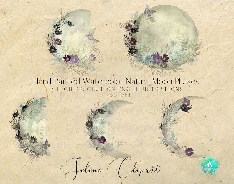 May include: Five watercolor illustrations of moon phases with floral wreaths. The moon phases are in various stages of fullness, from a crescent to a full moon. The wreaths are made of delicate flowers and leaves in shades of purple, blue, and green. The illustrations are set against a light brown background.