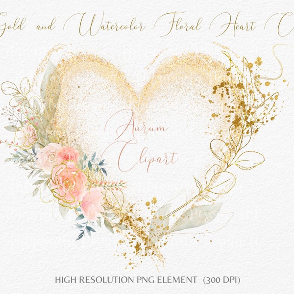 1 Gold & Watercolor Heart with  Roses Flowers Clipart-Floral Gold Heart Wreath Frame PNG- Hand Drawn Glitter Heart- Commercial Use