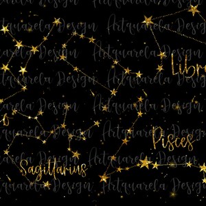 May include: A black background with gold glitter constellations of the zodiac signs Virgo, Libra, Sagittarius, and Pisces. The constellations are connected by gold glitter lines.