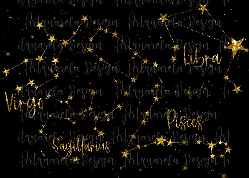 May include: A black background with gold glitter constellations of the zodiac signs Virgo, Libra, Sagittarius, and Pisces. The constellations are connected by gold glitter lines.