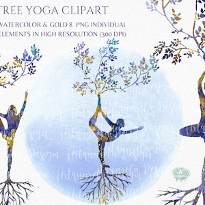 Tree Pose Yoga Clipart: Watercolor & Gold Silhouettes (PNG)