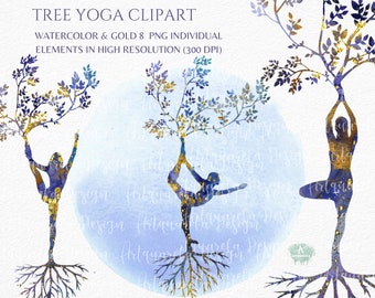 Tree  Pose Yoga  Silhouettes Clipart 8 Blue Watercolor & Gold Yoga Asana PNG  Yoga Graphics  Sublimation Woman Pose Yoga  Meditation Png