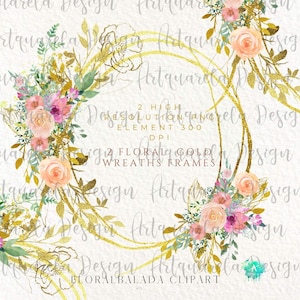2 gouden bloemenkransen frames clipart, handgetekende verfraaide ovale randen, glitter en aquarel bloemen frames trendy design commercieel gebruik