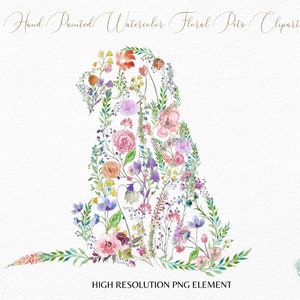 Clipart de cachorro - Clipart de mascotas con flores de acuarela - Perro con flores - Gato con flores - Siluetas florales de mascotas - Vector png - Sublimación - Bricolaje - Uso comercial