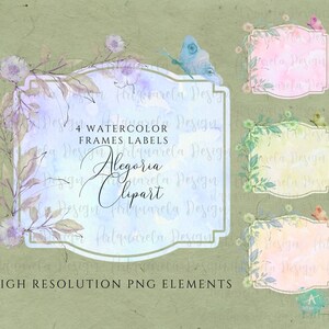 K&ouml;nnte beinhalten: Vier Aquarellrahmen mit floralen R&auml;ndern und Schmetterlings-, Vogel- und Blumenakzenten. Die Rahmen sind in den Farben Rosa, Gelb, Blau und Pfirsich gehalten. Der Text "4 Aquarellrahmen Etiketten Alegoria Clipart" befindet sich in der Mitte des Bildes. Der Text "Hochaufl&ouml;sende PNG-Elemente" befindet sich am unteren Rand des Bildes.