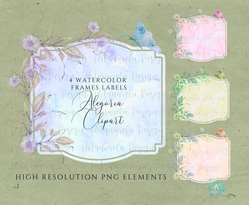 K&ouml;nnte beinhalten: Vier Aquarellrahmen mit floralen R&auml;ndern und Schmetterlings-, Vogel- und Blumenakzenten. Die Rahmen sind in den Farben Rosa, Gelb, Blau und Pfirsich gehalten. Der Text "4 Aquarellrahmen Etiketten Alegoria Clipart" befindet sich in der Mitte des Bildes. Der Text "Hochaufl&ouml;sende PNG-Elemente" befindet sich am unteren Rand des Bildes.