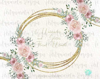 Watercolor pastel pink &   gold floral wreath CLIPART, Dusty Roses frame png  High resolution png Commercial Use