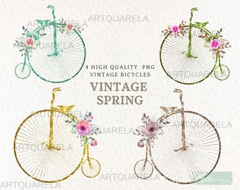 Vintage Bicycle Clipart, Gold Floral Bike PNG (Instant Download)