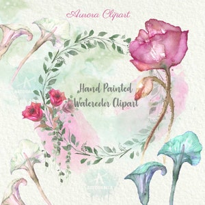 Könnte beinhalten: Aquarell-Clipart mit einem Kranz aus grünen Blättern, rosa und weißen Blumen und einer rosa Blume mit einer Knospe. Der Text "Aurora Clipart" und "Hand Painted Watercolor Clipart" ist im Bild enthalten.