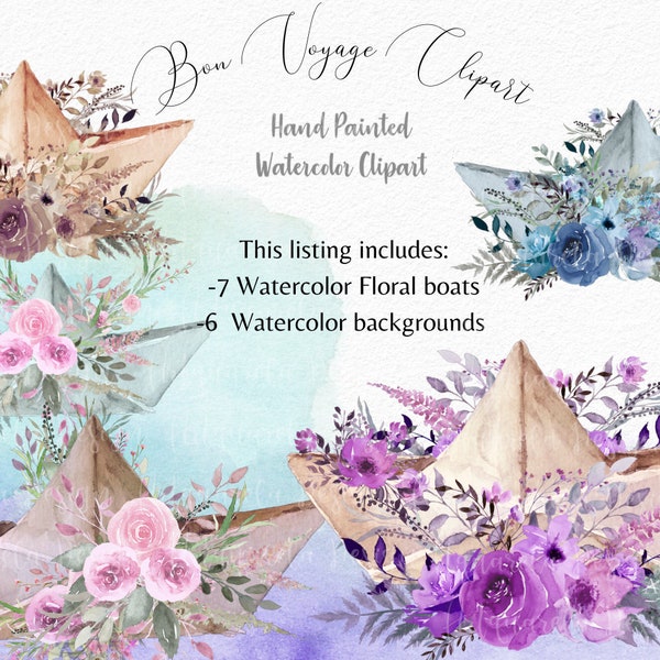 Boats clipart, Watercolor decorated boats with flowers Clipart,Paper Boat Clipart, Nursery  Clip Art, Sea, Gif travel PNG Commercial Use