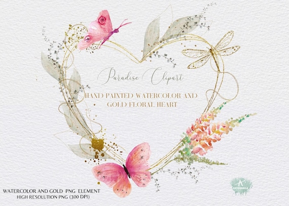 Watercolor Floral Heart Clipart: Gold, Dragonfly, Butterfly (PNG Digital Download)