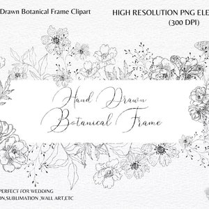 Floral Digital Botanical Frame PNG-Black White Hand Drawn Flowers-Banner-Floral Frame -Square Border Clipart- Line Art flower Commercial Use
